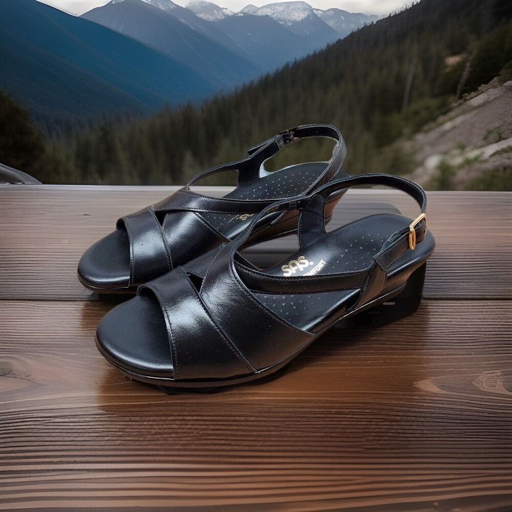 🔥SAS Womens Caress Sandals Size 8W Black Leather Slingback Wedge Shoes $169